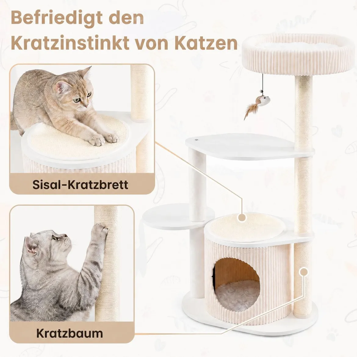 105 cm Kratzbaum mit Sisal Kratzstämmen Kleiner Katzenbaum mit Katzenhäuschen & Katzenbett Weiß