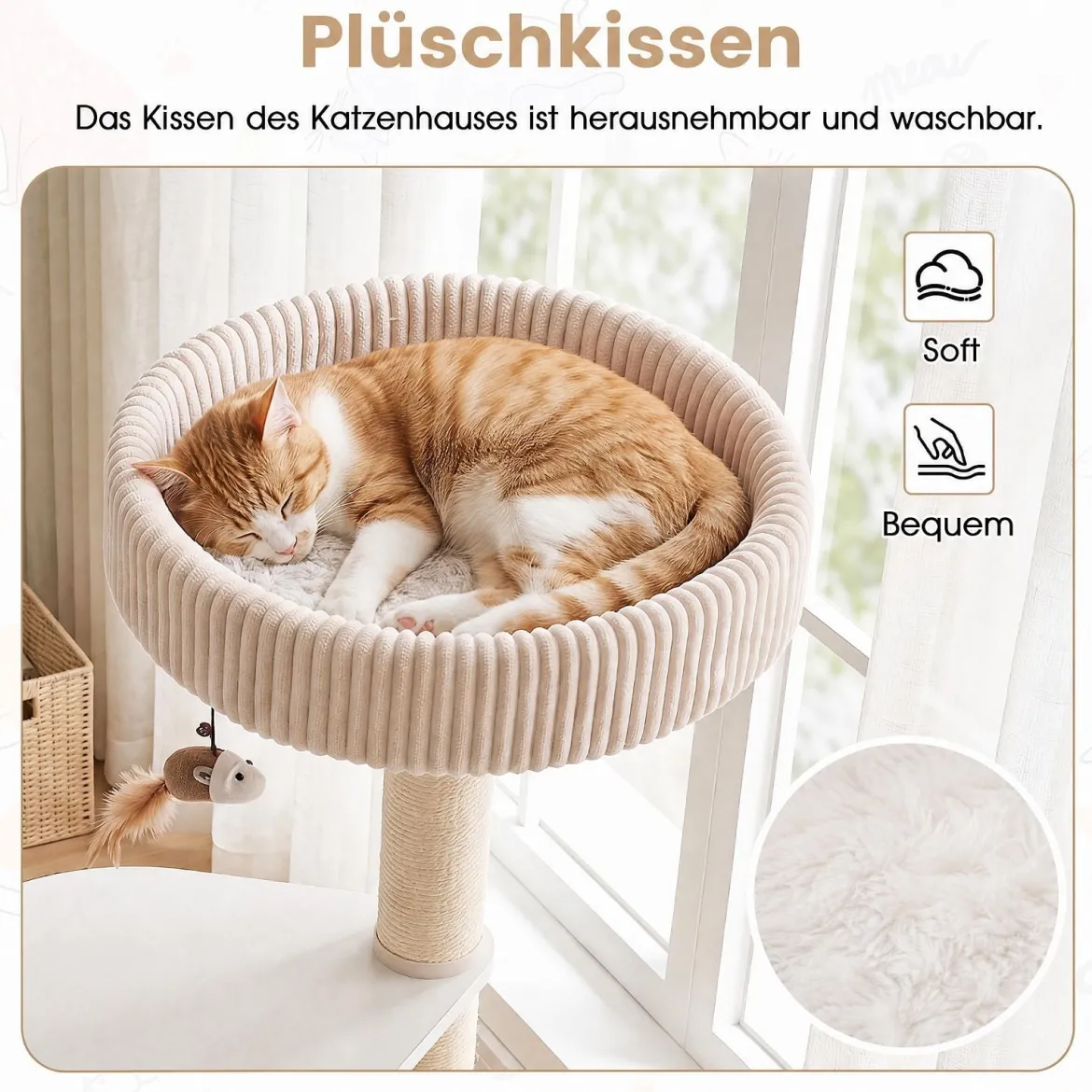 105 cm Kratzbaum mit Sisal Kratzstämmen Kleiner Katzenbaum mit Katzenhäuschen & Katzenbett Weiß