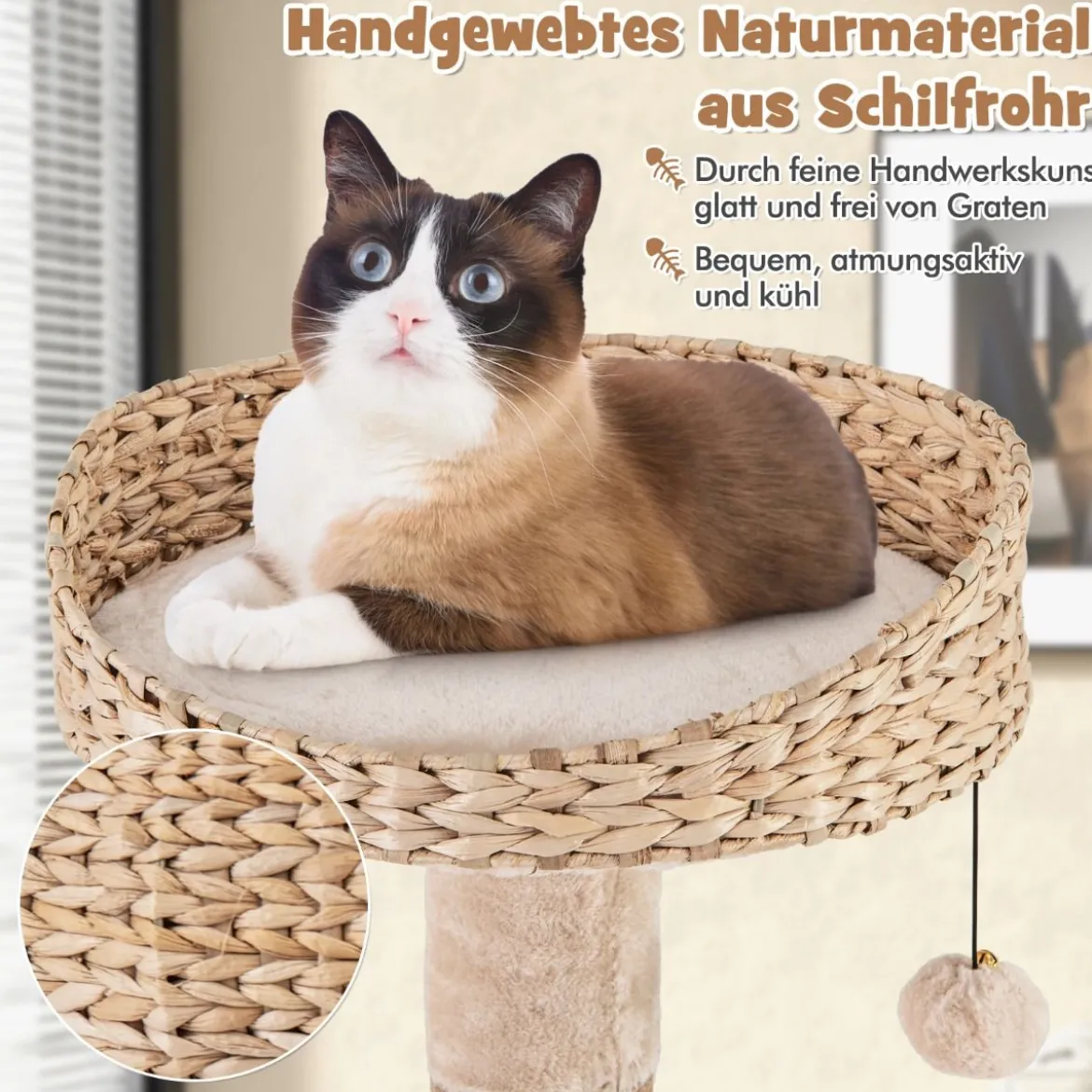 164 cm Kratzbaum mit Sitzstange & Rohrkolben Korbbett 6-stöckiges Kletterbaum Katzenbaum