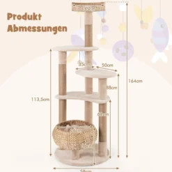 164 cm Kratzbaum mit Sitzstange & Rohrkolben Korbbett 6-stöckiges Kletterbaum Katzenbaum
