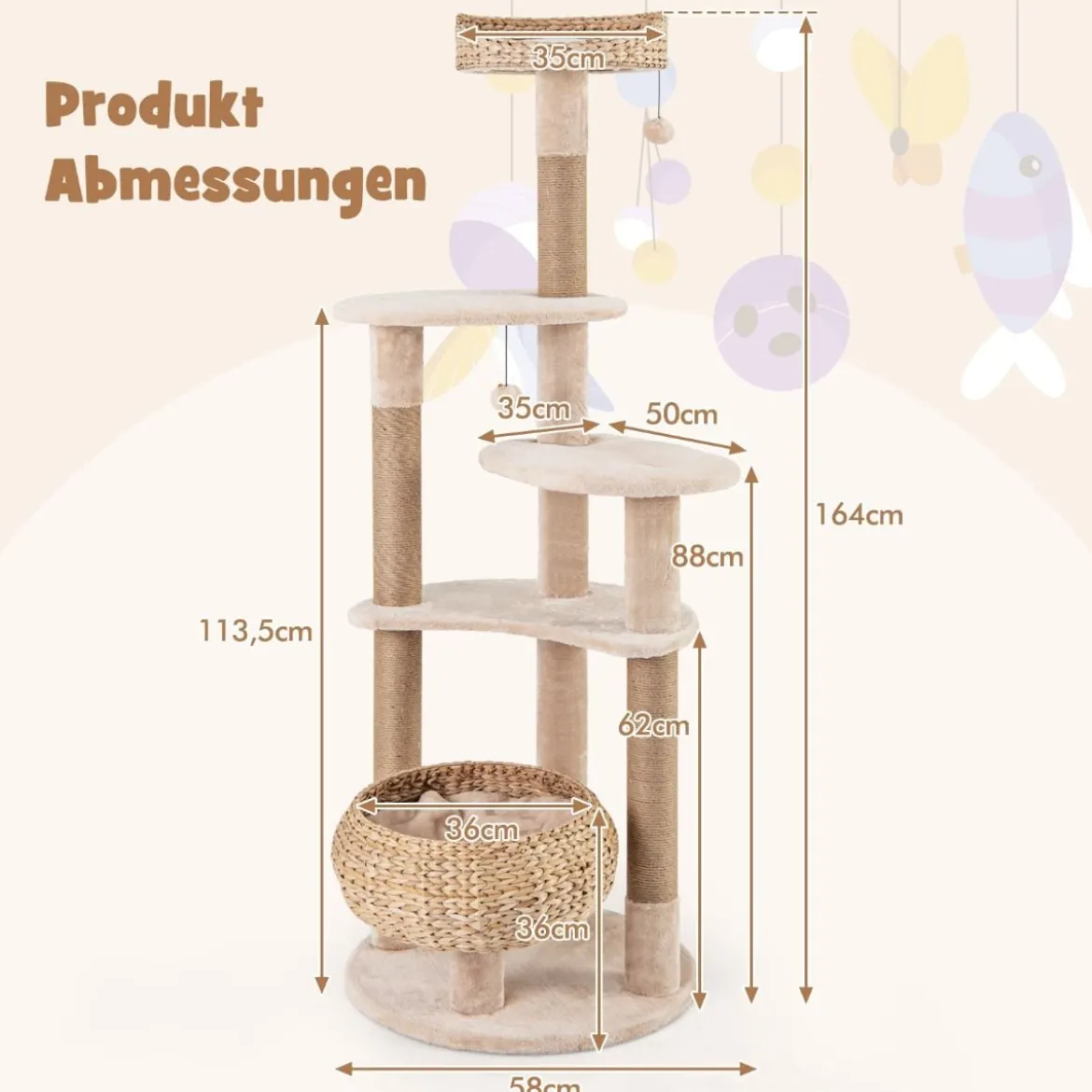 164 cm Kratzbaum mit Sitzstange & Rohrkolben Korbbett 6-stöckiges Kletterbaum Katzenbaum