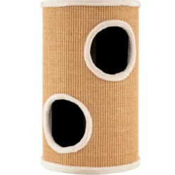 Ø 36 cm Kratztonne mit Sisal-Kratzbrett & 3 Katzenhöhlen & Plüschbett Katzentonne Beige
