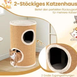 Ø 36 cm Kratztonne mit Sisal-Kratzbrett & 3 Katzenhöhlen & Plüschbett Katzentonne Beige