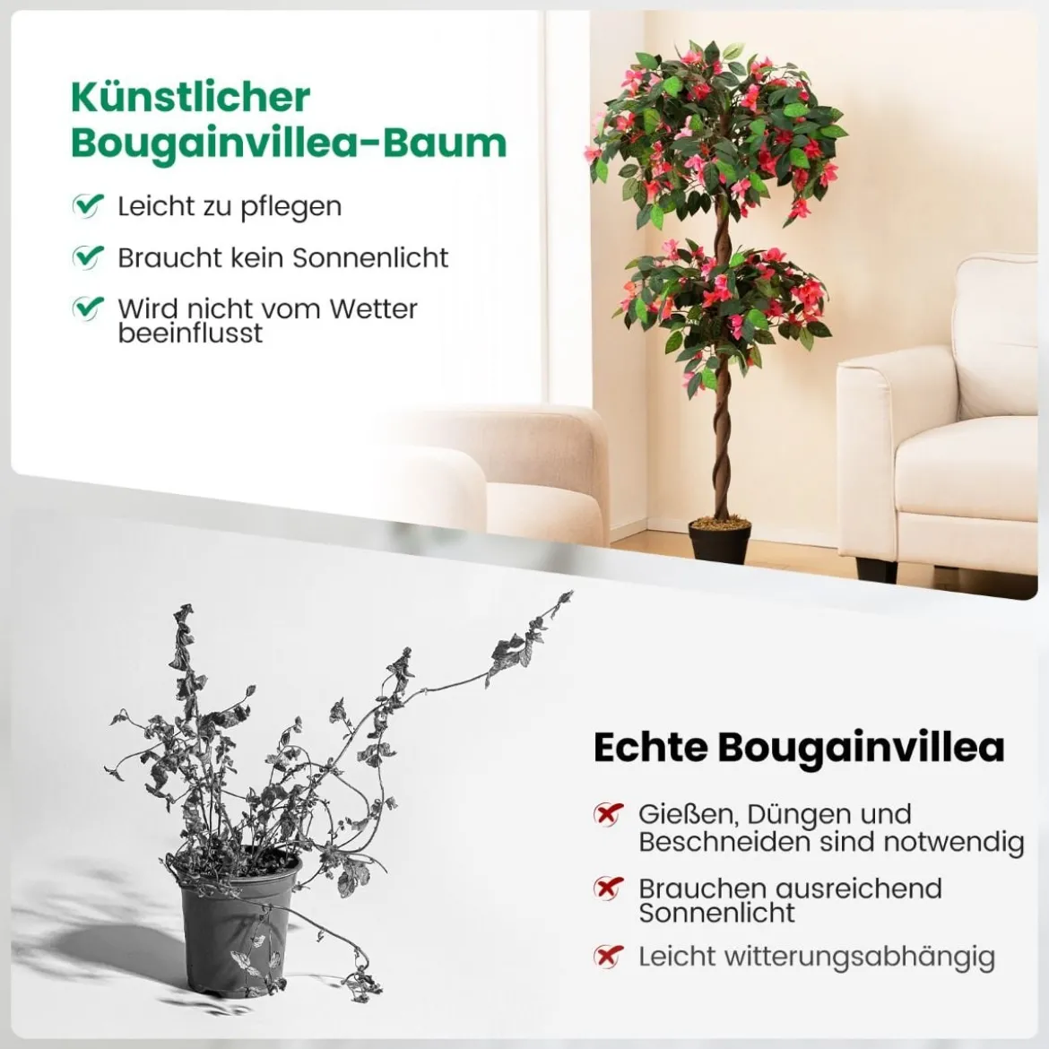 150 cm Kunstbaum im Topf mit 252 Blüten & Natürlichen Blättern & Stamm Bougainvillee