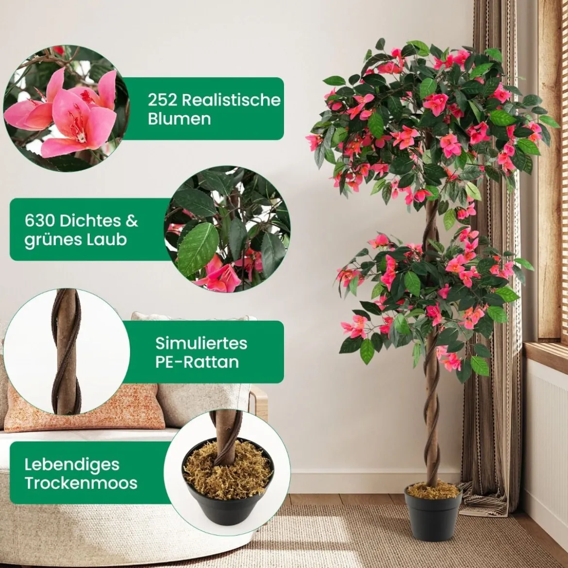 150 cm Kunstbaum im Topf mit 252 Blüten & Natürlichen Blättern & Stamm Bougainvillee