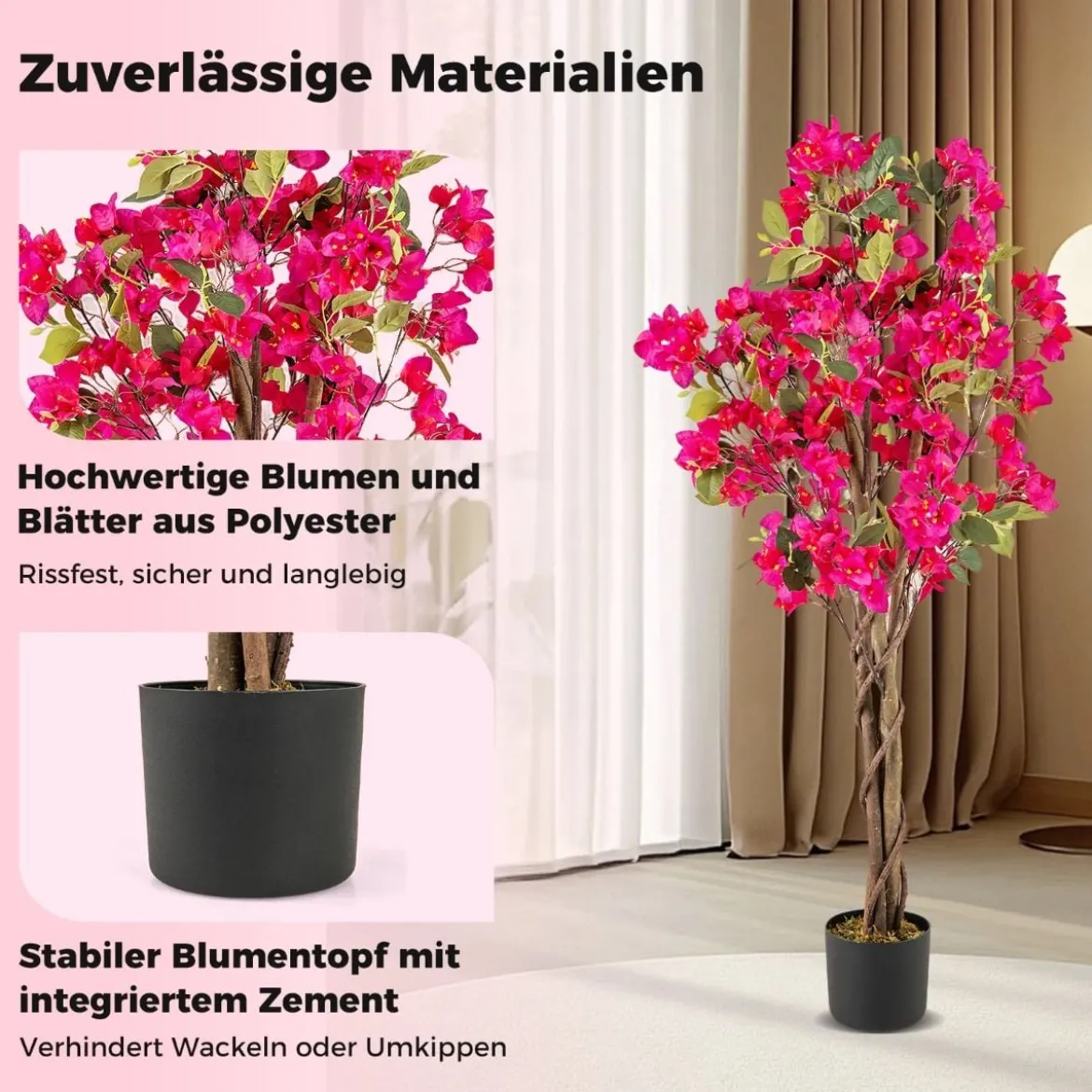 120 cm Kunstbaum mit Blüten im Topf Künstlicher Bougainvillea Baum Künstliche Pflanzen