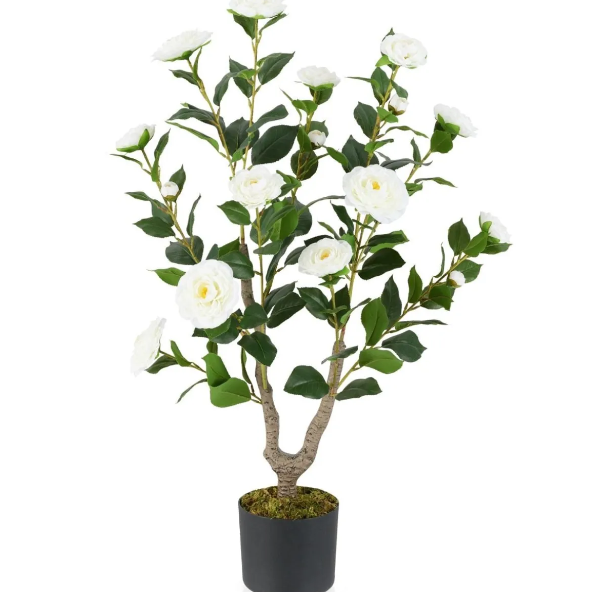 90 cm Kunstbaum mit Blüten Künstlicher Kamelienbaum Kunstpflanze im Topf Kamelienpflanze Rosa/Weiß