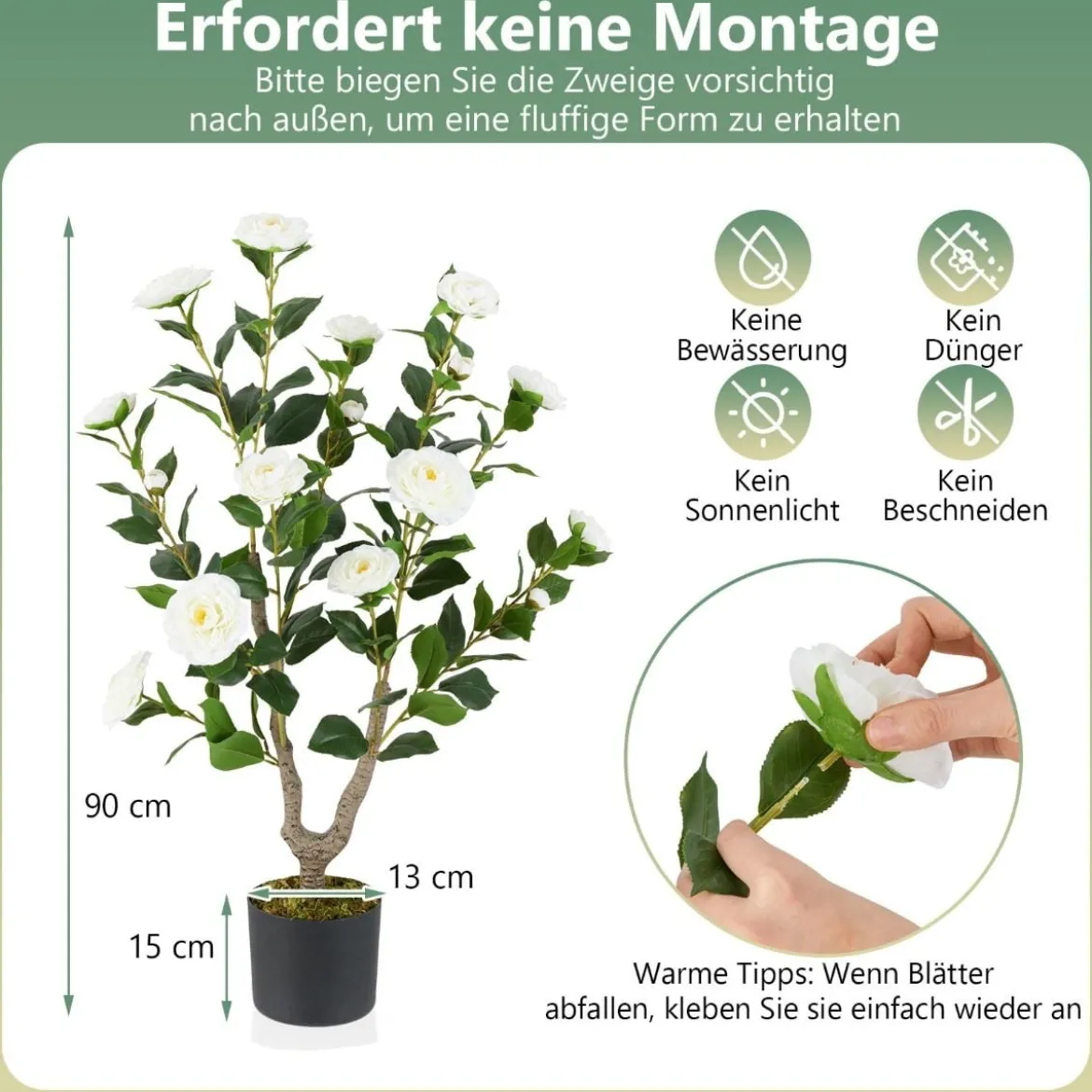 90 cm Kunstbaum mit Blüten Künstlicher Kamelienbaum Kunstpflanze im Topf Kamelienpflanze Rosa/Weiß