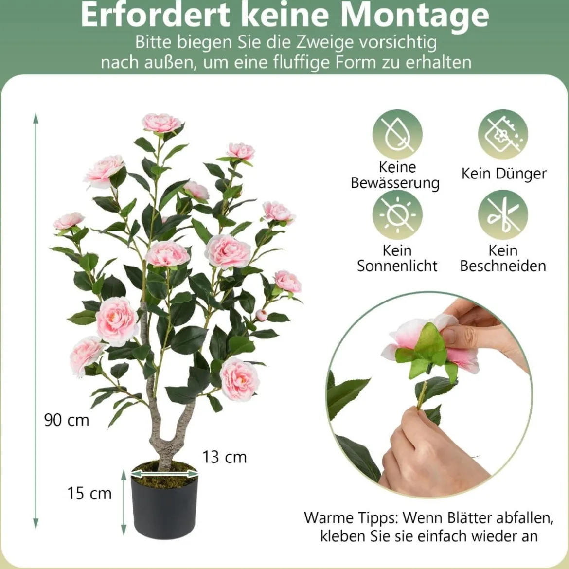 90 cm Kunstbaum mit Blüten Künstlicher Kamelienbaum Kunstpflanze im Topf Kamelienpflanze Rosa/Weiß