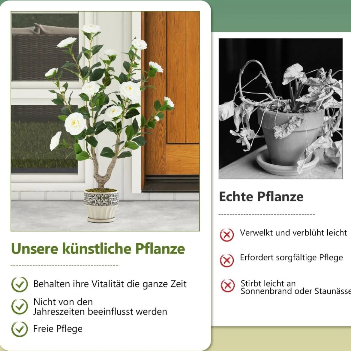 90 cm Kunstbaum mit Blüten Künstlicher Kamelienbaum Kunstpflanze im Topf Kamelienpflanze Rosa/Weiß