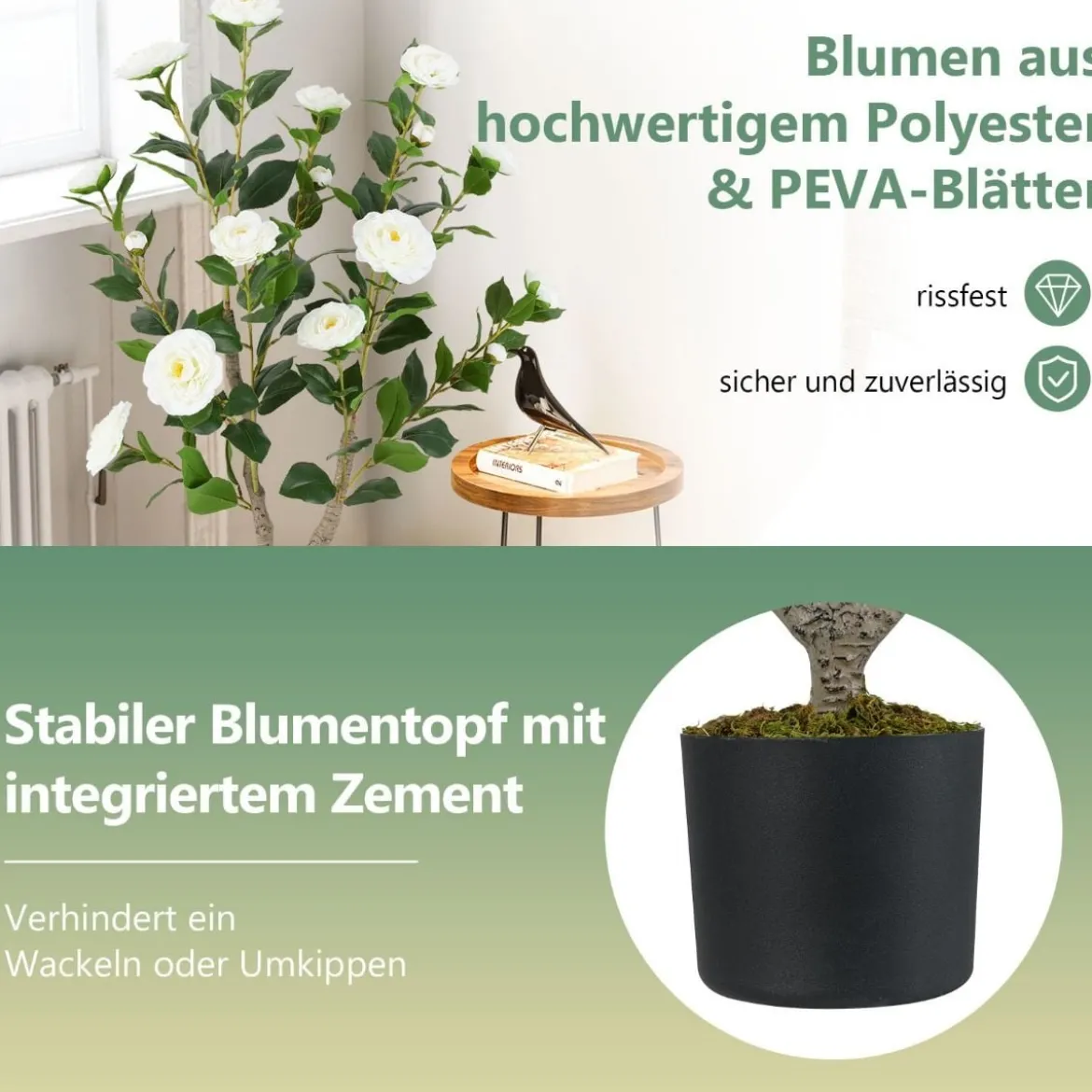 90 cm Kunstbaum mit Blüten Künstlicher Kamelienbaum Kunstpflanze im Topf Kamelienpflanze Rosa/Weiß