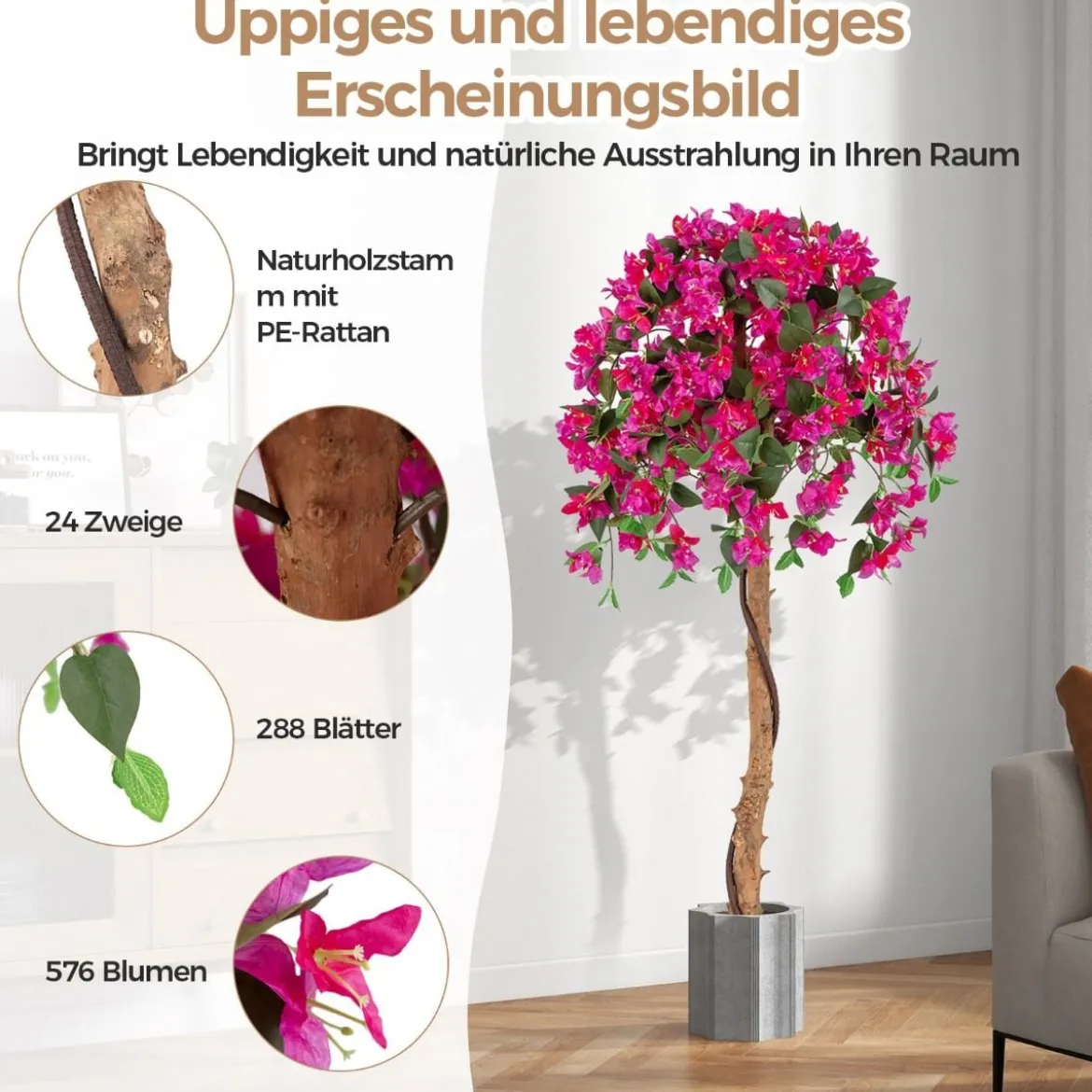 135 cm Kunstbaum mit Blüten Kunstpflanze im Topf Künstlicher Baum mit Azalee-Blumen