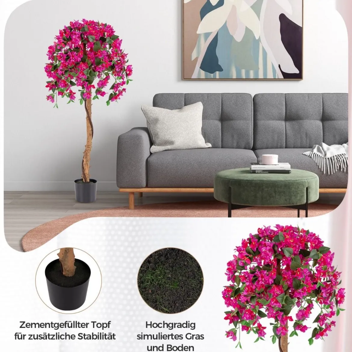 135 cm Kunstbaum mit Blüten Kunstpflanze im Topf Künstlicher Baum mit Azalee-Blumen