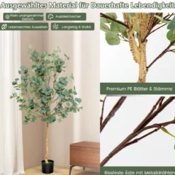 165 cm Kunstpflanze Deko Eukalyptusbaum mit Zementtopf Eukalyptus Zimmerpflanze
