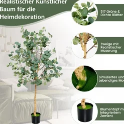 165 cm Kunstpflanze Deko Eukalyptusbaum mit Zementtopf Eukalyptus Zimmerpflanze