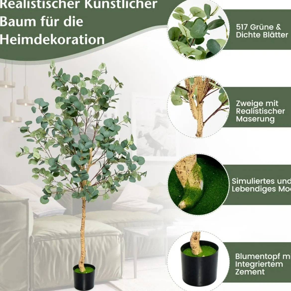 165 cm Kunstpflanze Deko Eukalyptusbaum mit Zementtopf Eukalyptus Zimmerpflanze