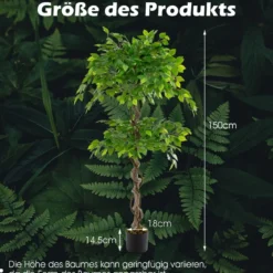150 cm Kunstpflanze Ficus Benjamin mit Natürlichem Holzstamm & Blättern Künstliche Pflanze Grün