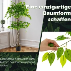 150 cm Kunstpflanze Ficus Benjamin mit Natürlichem Holzstamm & Blättern Künstliche Pflanze Grün