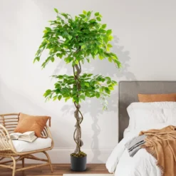 150 cm Kunstpflanze Ficus Benjamin mit Natürlichem Holzstamm & Blättern Künstliche Pflanze Grün