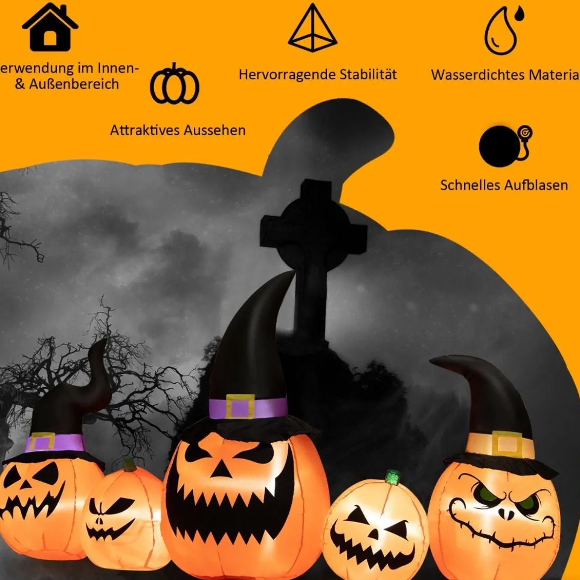 245 cm Lange Aufblasbare Kürbisfamilie Halloween-Hofdekoration mit LED-Leuchten