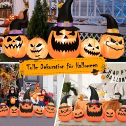 245 cm Lange Aufblasbare Kürbisfamilie Halloween-Hofdekoration mit LED-Leuchten
