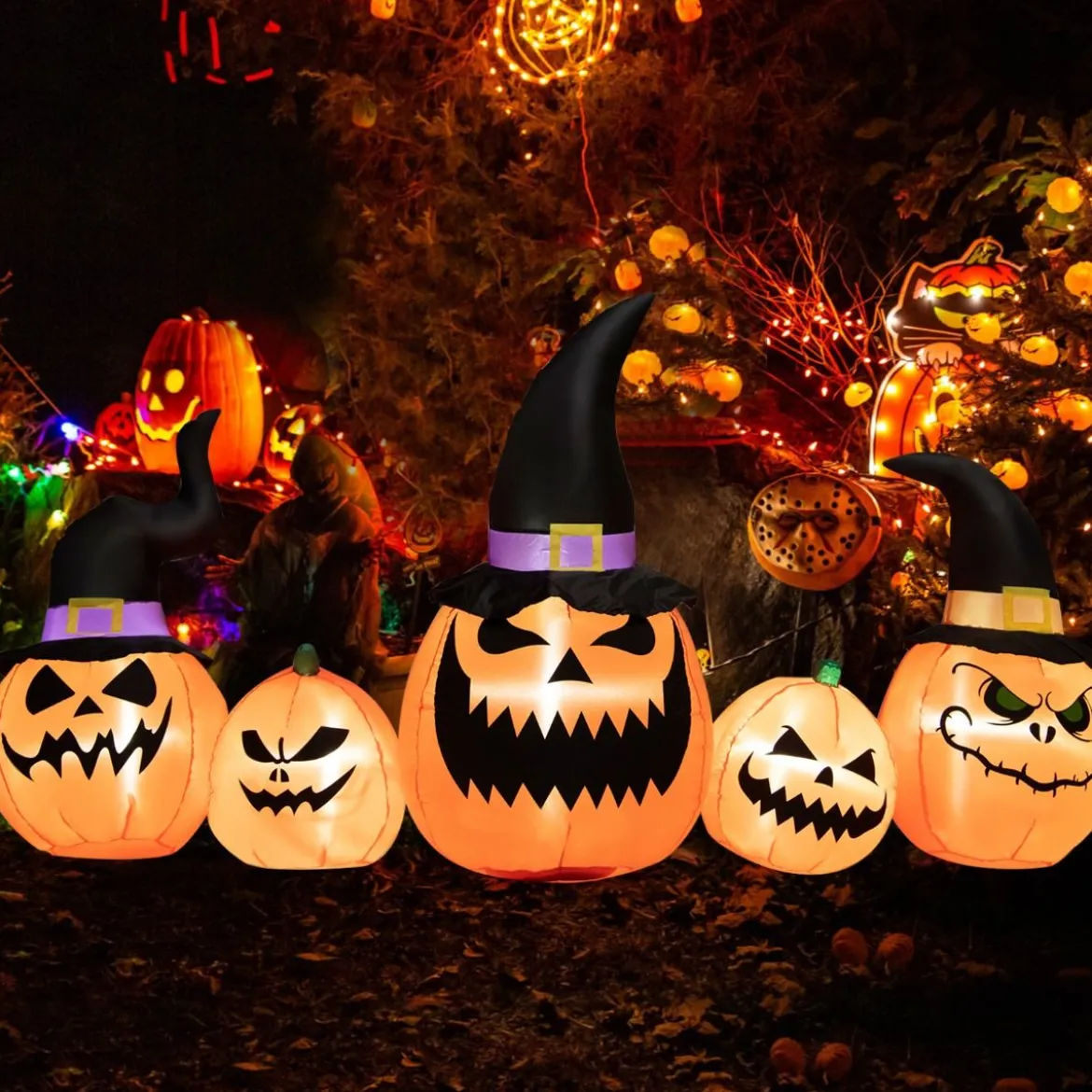 245 cm Lange Aufblasbare Kürbisfamilie Halloween-Hofdekoration mit LED-Leuchten