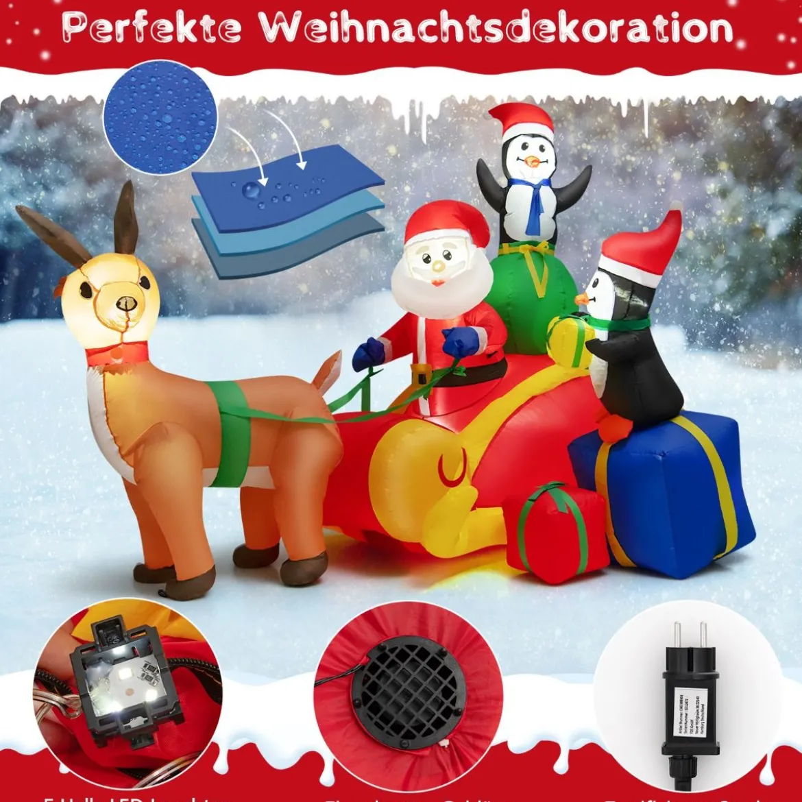 180 cm Lange Aufblasbare Weihnachtsdekoration Weihnachtsmann im Schlitten mit LED-Leuchten
