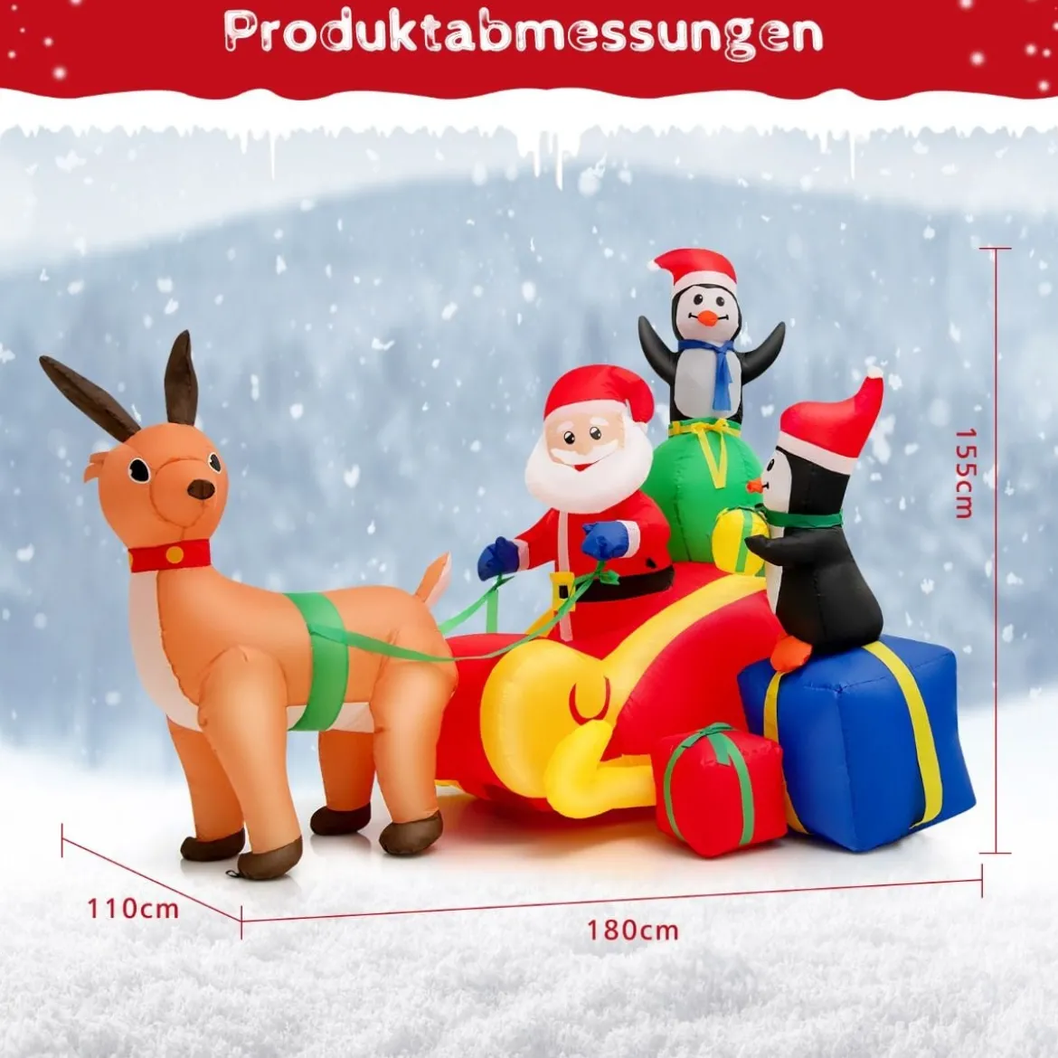 180 cm Lange Aufblasbare Weihnachtsdekoration Weihnachtsmann im Schlitten mit LED-Leuchten