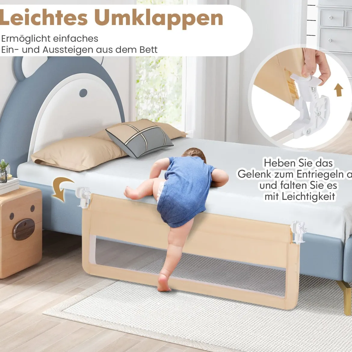 150 cm Lange Bettgitter für Kleinkinder faltbares Baby-Bettgitter mit abnehmbarem Bezug atmungsaktives Netz Beige