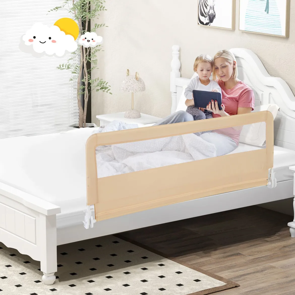 150 cm Lange Bettgitter für Kleinkinder faltbares Baby-Bettgitter mit abnehmbarem Bezug atmungsaktives Netz Beige