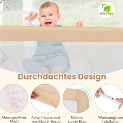 150 cm Lange Bettgitter für Kleinkinder faltbares Baby-Bettgitter mit abnehmbarem Bezug atmungsaktives Netz Beige
