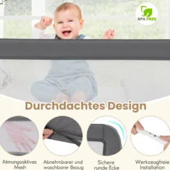 150 cm Lange Bettgitter für Kleinkinder faltbares Baby-Bettgitter mit abnehmbarem Bezug Grau