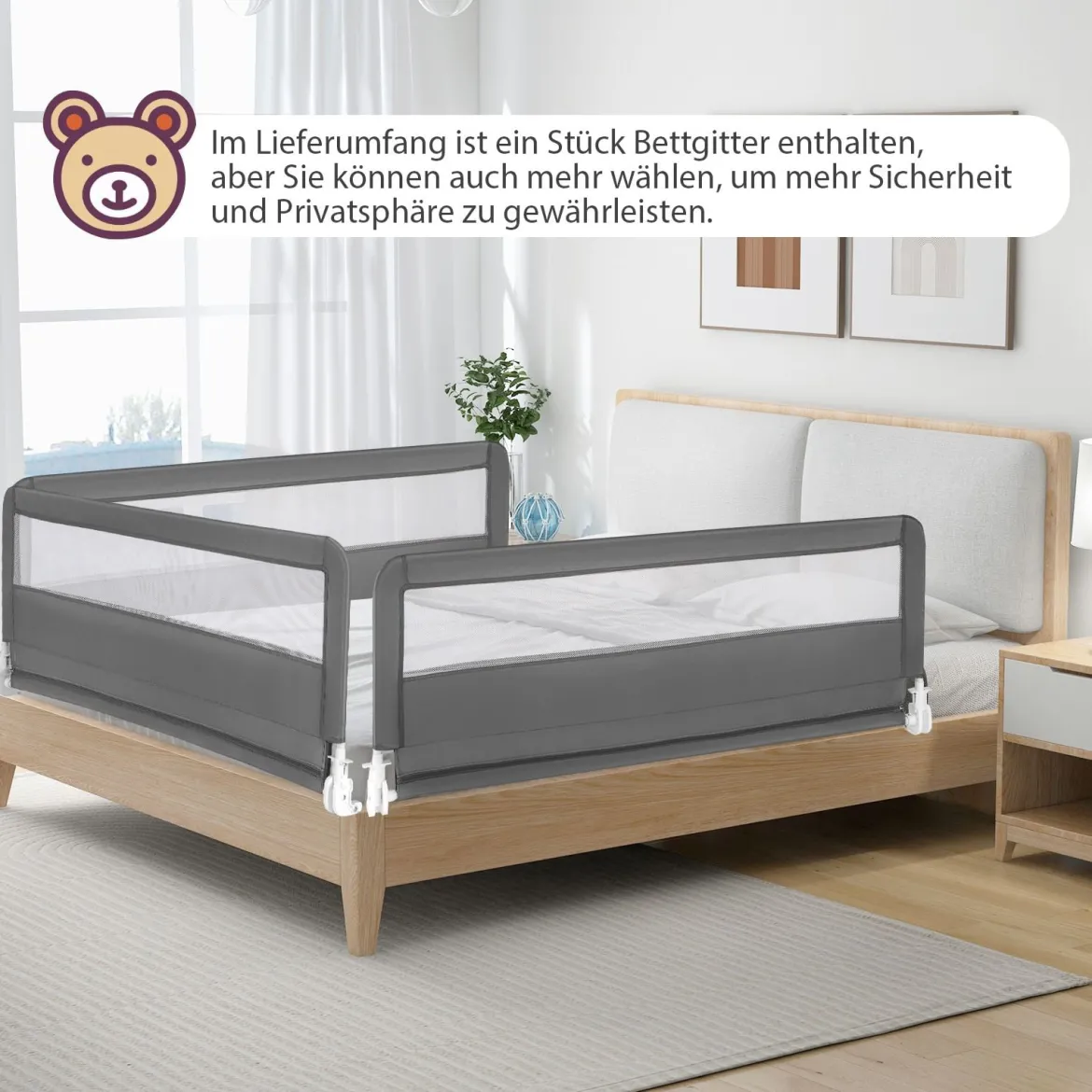 150 cm Lange Bettgitter für Kleinkinder faltbares Baby-Bettgitter mit abnehmbarem Bezug Grau