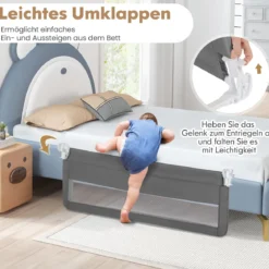 150 cm Lange Bettgitter für Kleinkinder faltbares Baby-Bettgitter mit abnehmbarem Bezug Grau