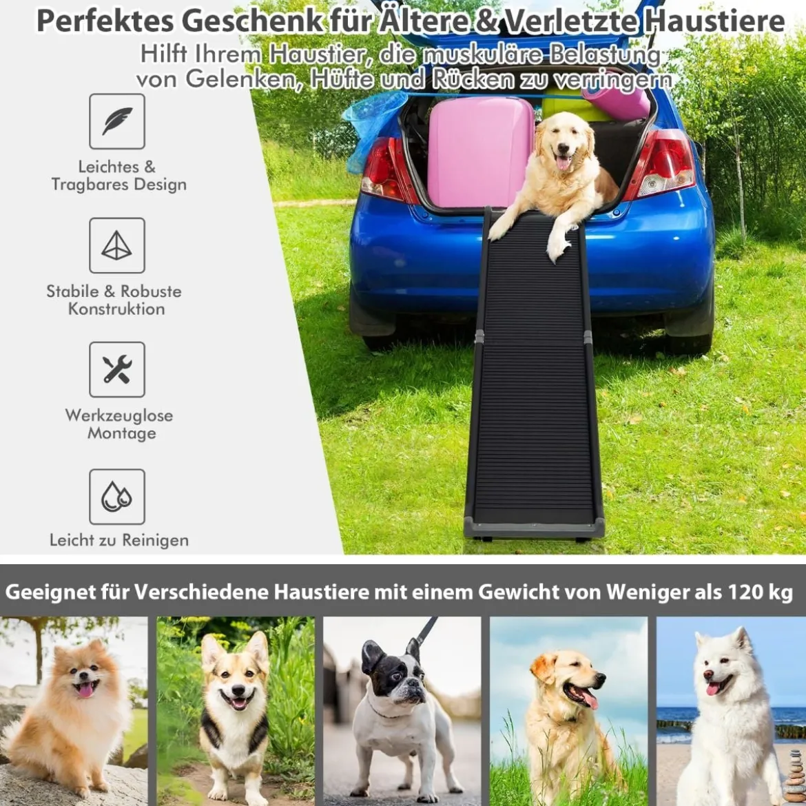160 cm lange Faltbare Haustierrampe Tragbare Autorampe für Hunde schwarz