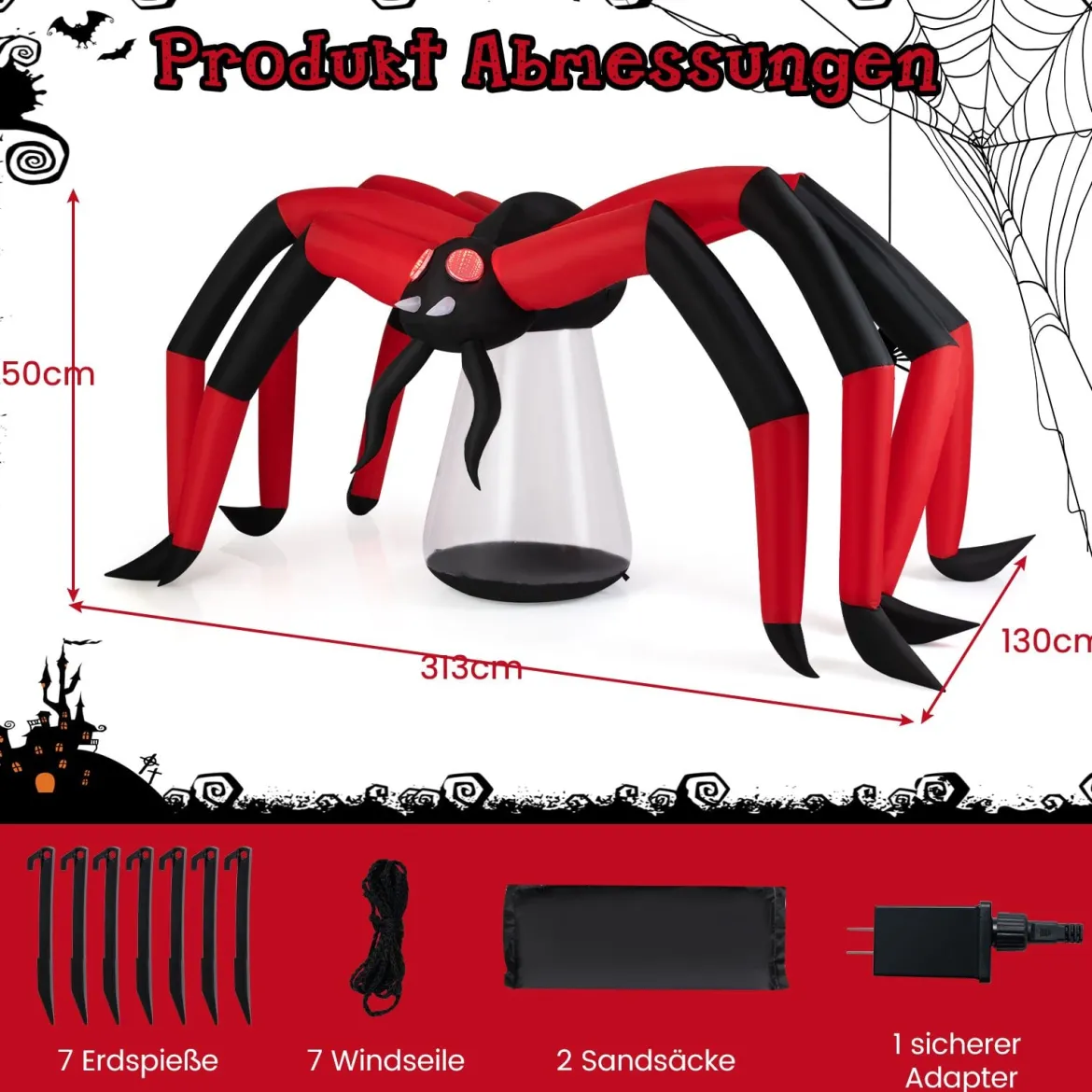 313 cm lange Halloween aufblasbare Spinne gruselige Spinnendekoration mit roten Tunnellicht-Augen & LED-Leuchte
