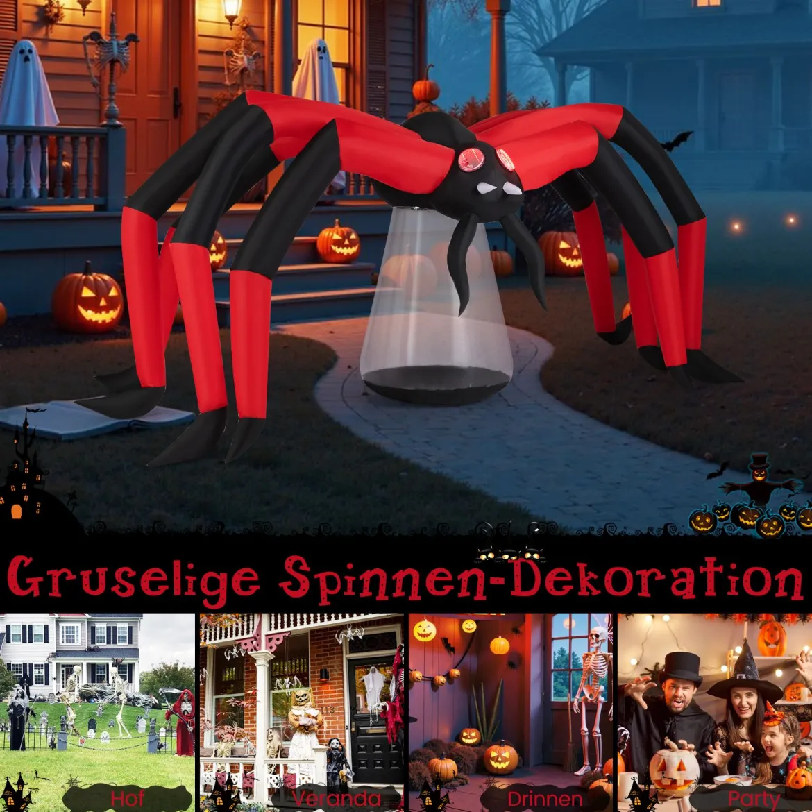 313 cm lange Halloween aufblasbare Spinne gruselige Spinnendekoration mit roten Tunnellicht-Augen & LED-Leuchte