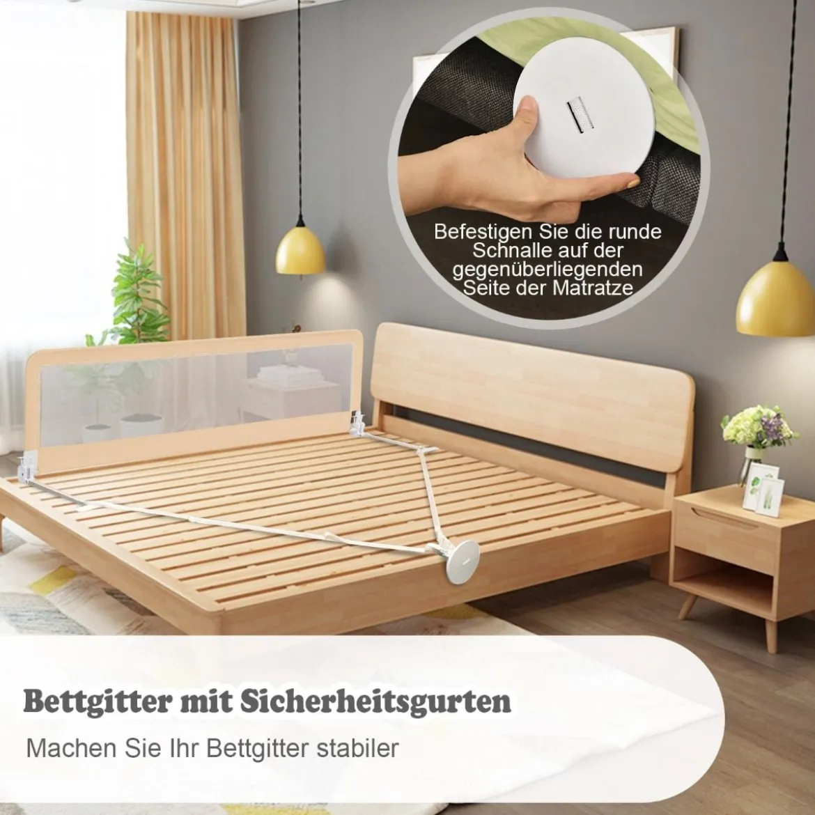 180 cm Lange Klappbares Bettgitter mit Sicherheitsgurten 180° Faltbar Beige