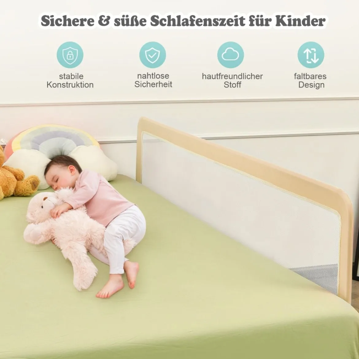 180 cm Lange Klappbares Bettgitter mit Sicherheitsgurten 180° Faltbar Beige