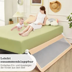 180 cm Lange Klappbares Bettgitter mit Sicherheitsgurten 180° Faltbar Beige
