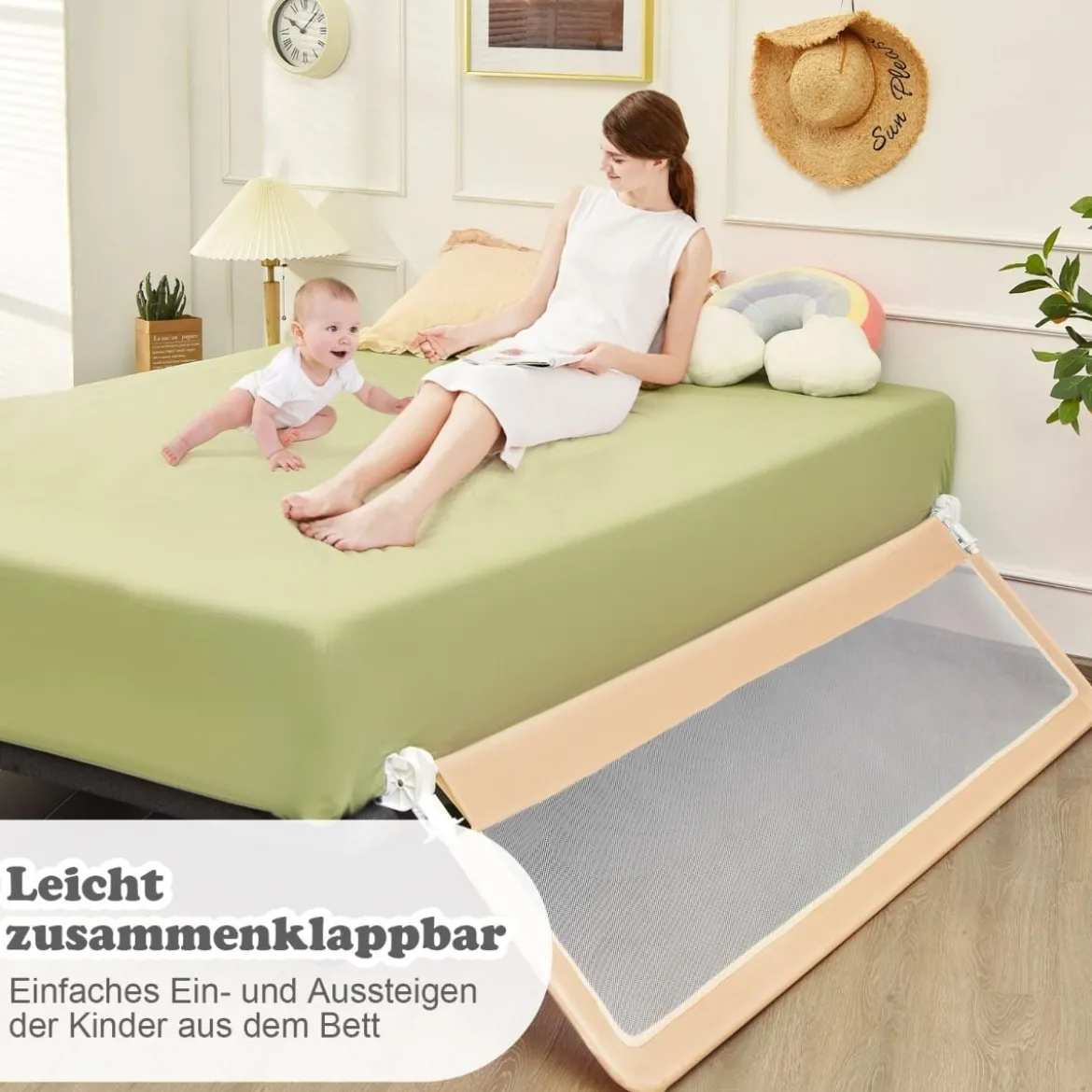 180 cm Lange Klappbares Bettgitter mit Sicherheitsgurten 180° Faltbar Beige
