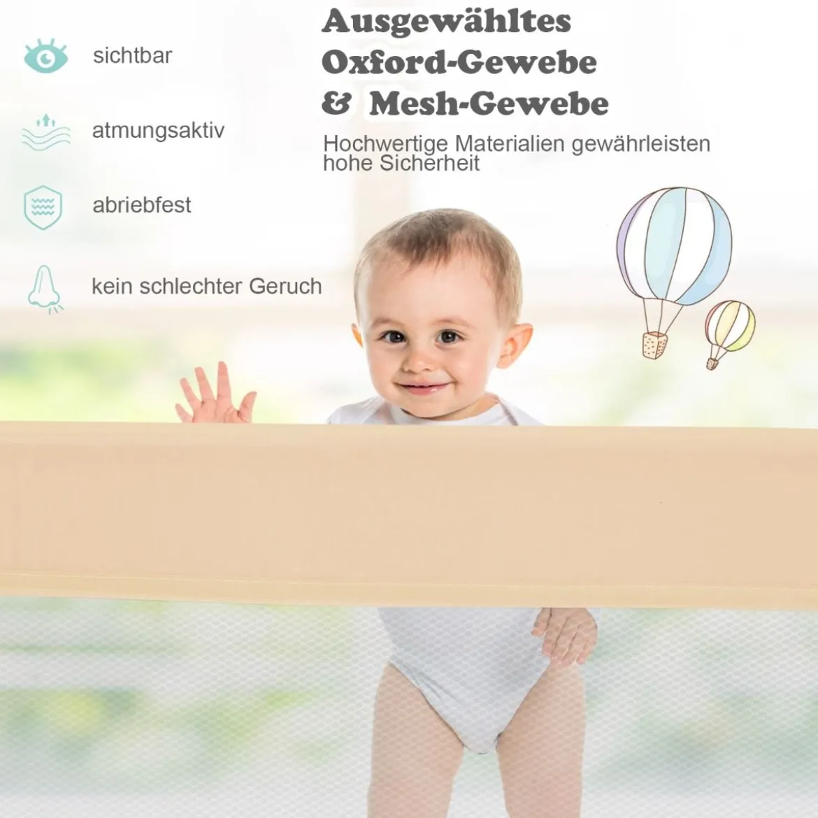 180 cm Lange Klappbares Bettgitter mit Sicherheitsgurten 180° Faltbar Beige