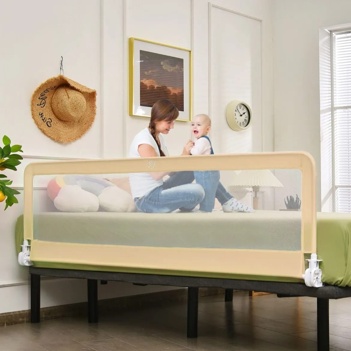 180 cm Lange Klappbares Bettgitter mit Sicherheitsgurten 180° Faltbar Beige