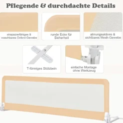 180 cm Lange Klappbares Bettgitter mit Sicherheitsgurten 180° Faltbar Beige