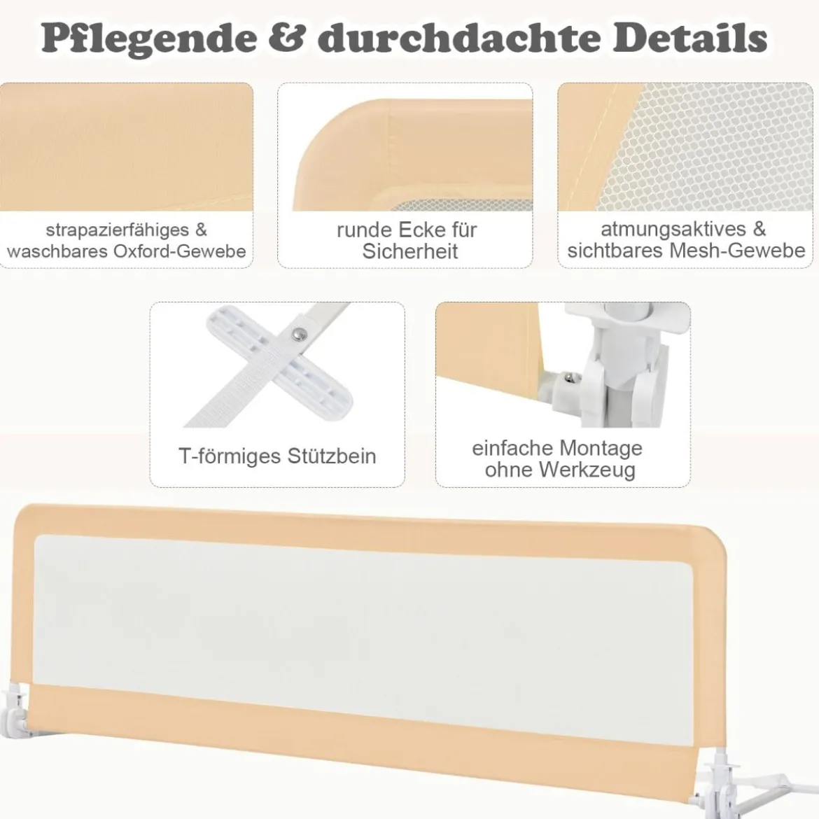 180 cm Lange Klappbares Bettgitter mit Sicherheitsgurten 180° Faltbar Beige