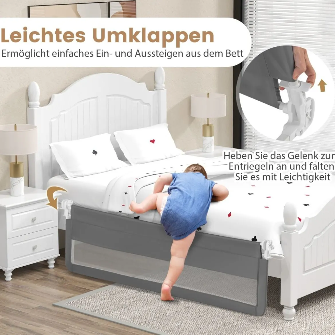 180 cm Lange Klappbares Bettgitter mit Sicherheitsgurten 180° Faltbar Grau