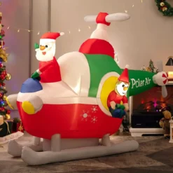 180 cm langer aufblasbarer Weihnachtsmann mit Hubschrauber Weihnachtsdekoration mit LEDs Bunt