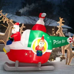 180 cm langer aufblasbarer Weihnachtsmann mit Hubschrauber Weihnachtsdekoration mit LEDs Bunt