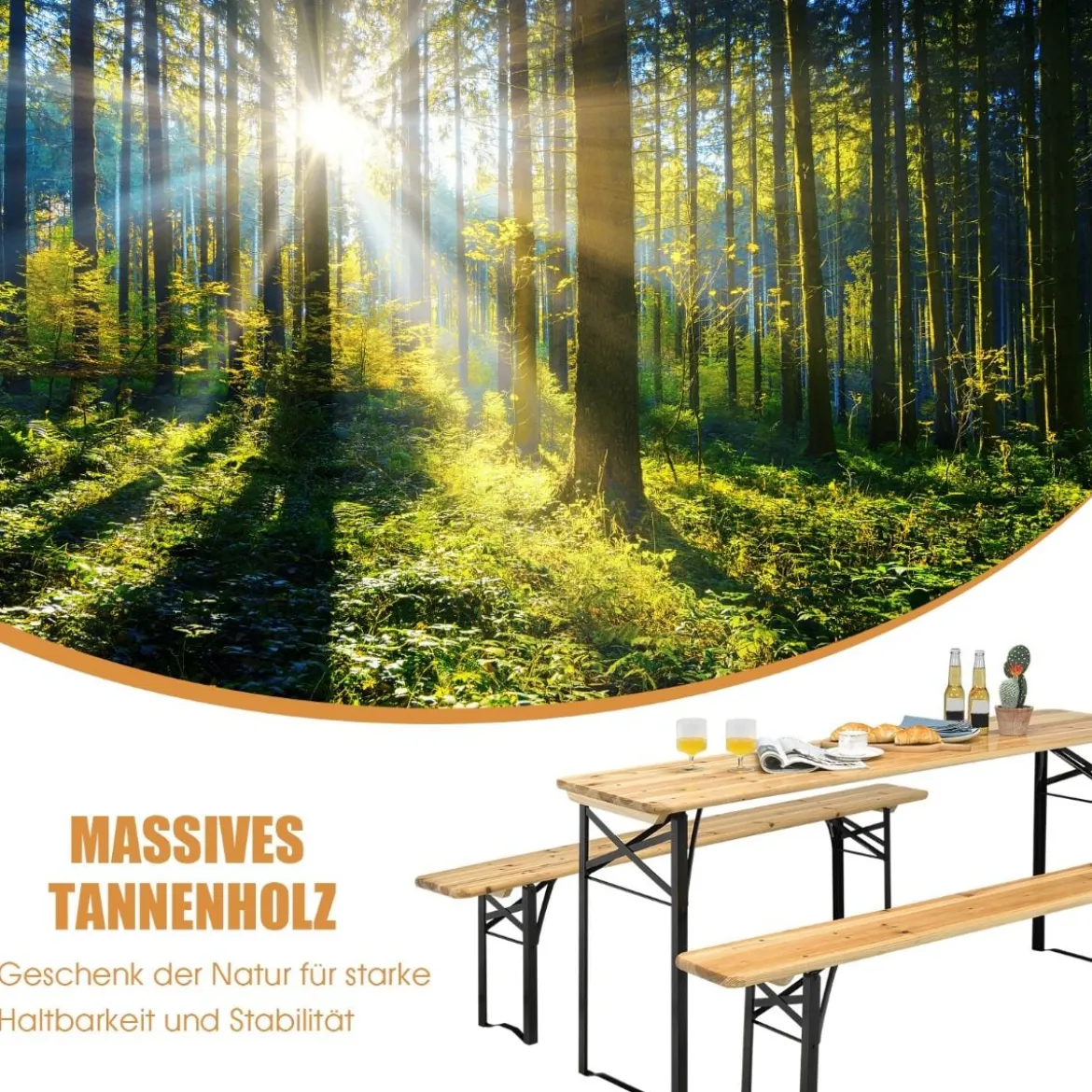 178 cm Langer Biertisch mit Sitzgarnitur 3-Teiliges Klappbares Picknicktisch- und Bank-Set