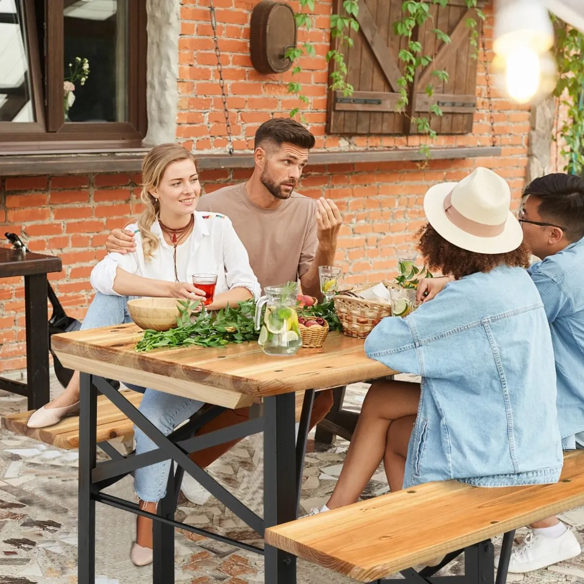 178 cm Langer Biertisch mit Sitzgarnitur 3-Teiliges Klappbares Picknicktisch- und Bank-Set